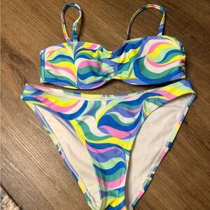 No Boundaries Multicolor Wave Print Bikini - Blue, Pink, Yellow, Green